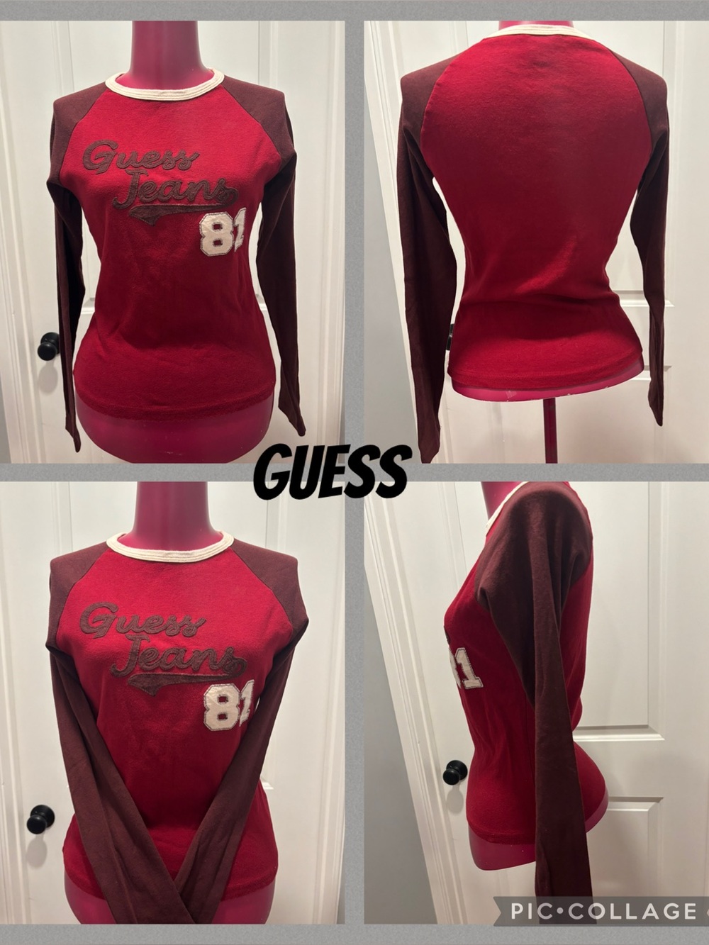 Guess Women's red and maroon long sleeve baseball Tee vintage Y2K Medium